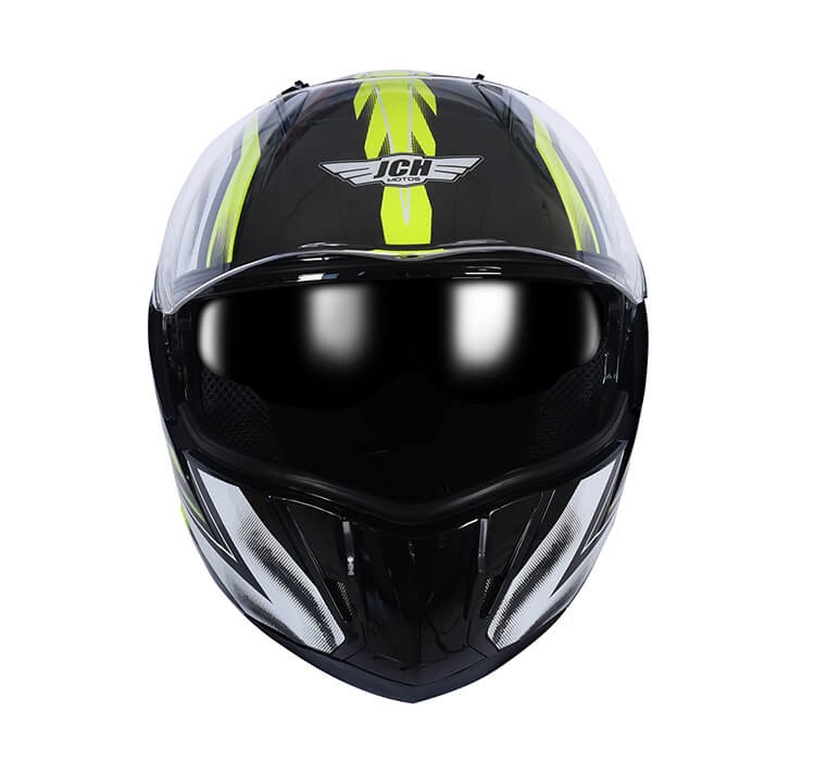 Vista frontal de CASCO INTEGRAL JCH MOTOS NEGRO / AMARILLO